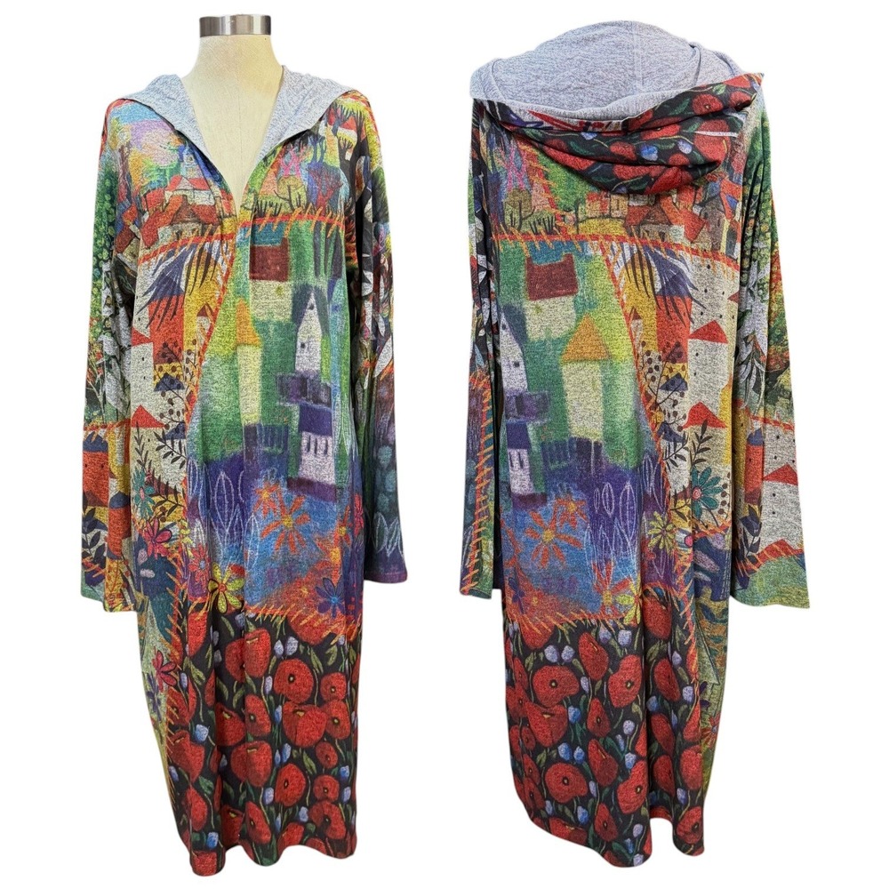 Inoah XL Multicolor Village Landscape Floral Print Hooded Cardigan Lagenlook Art